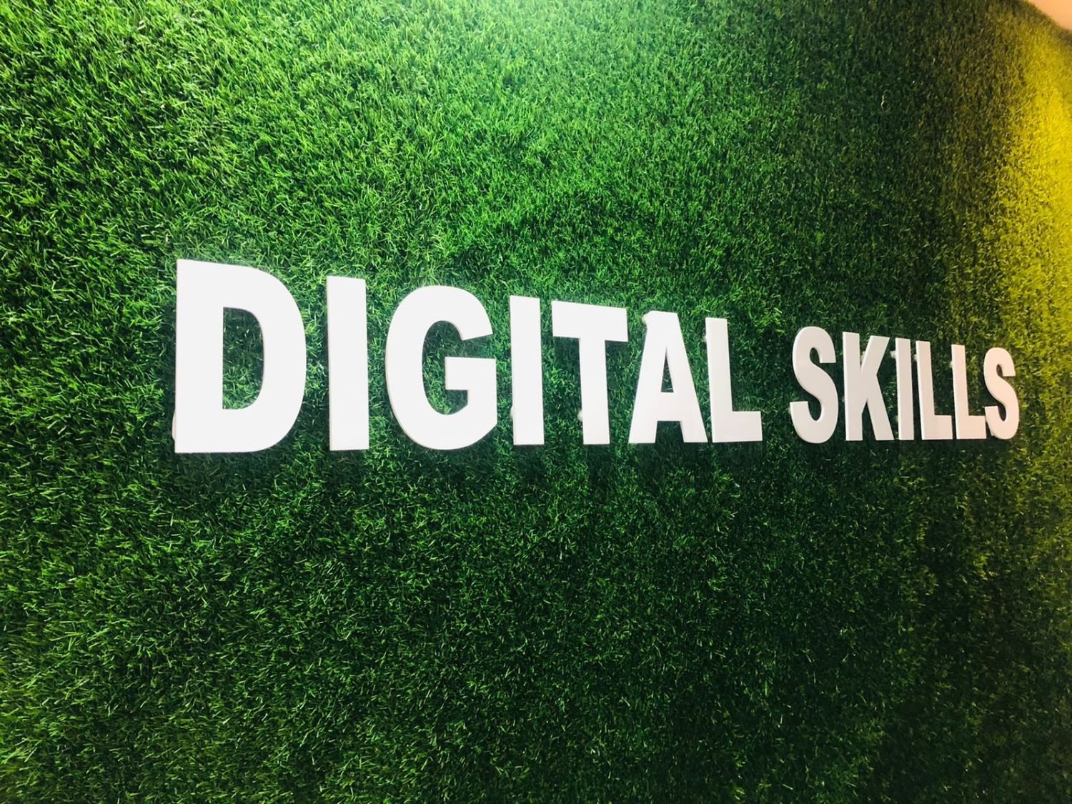 Digital Skills signage on the green feature wall at the Alibag institute